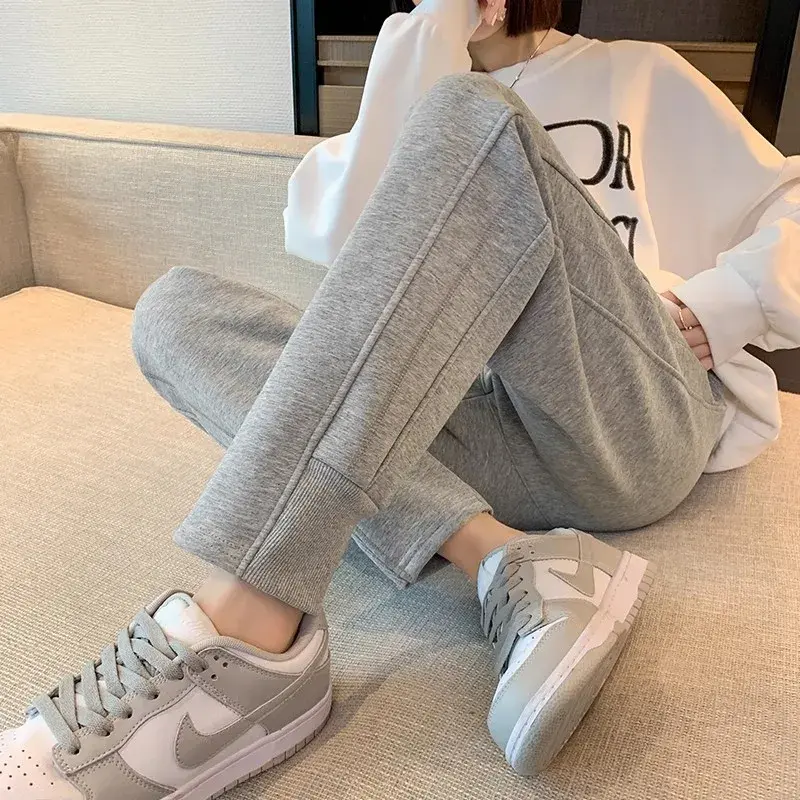 Women's Fleece-Lined Greysweatpants New 2024 Autumn/Winter Style Loose-Fit Thickened Casual Pants Warm Outer Wear