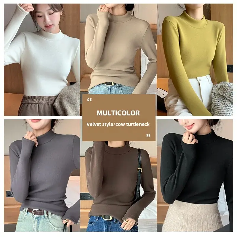 Women's Fleece Lined Slim Fit Knitted Base Shirt Long Sleeve Half High Collar Anti-pilling Autumn Winter Warm Top T-shirt