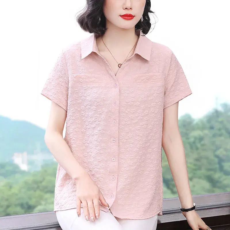 Fashionable Short Sleeve Shirt High End Cotton Button up Design Belly Covering Large Size Summer New Arrival Elegant Top