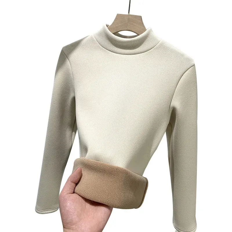 Women's Fleece Lined Slim Fit Knitted Base Shirt Long Sleeve Half High Collar Anti-pilling Autumn Winter Warm Top T-shirt