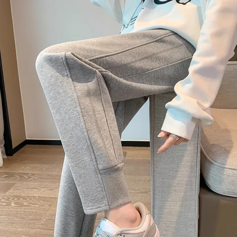 Women's Fleece-Lined Greysweatpants New 2024 Autumn/Winter Style Loose-Fit Thickened Casual Pants Warm Outer Wear