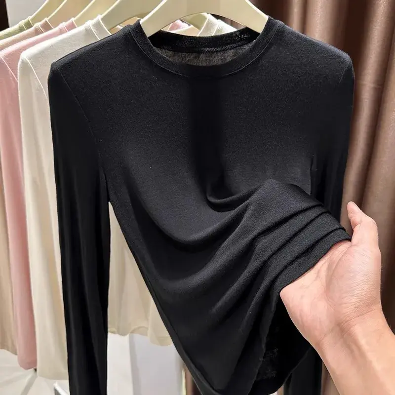 Pink round Neck Modal Base Shirt Women's Long Sleeve T-shirt Spring New Arrival Bottoming Top Quality Assurance Outlet