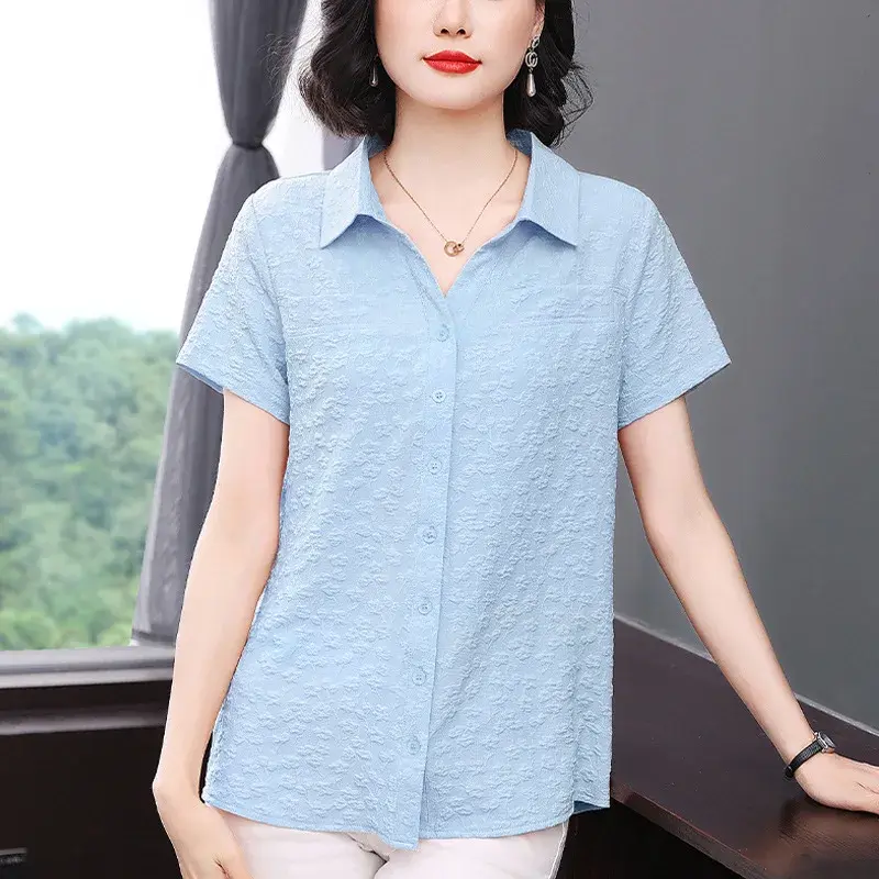 Fashionable Short Sleeve Shirt High End Cotton Button up Design Belly Covering Large Size Summer New Arrival Elegant Top