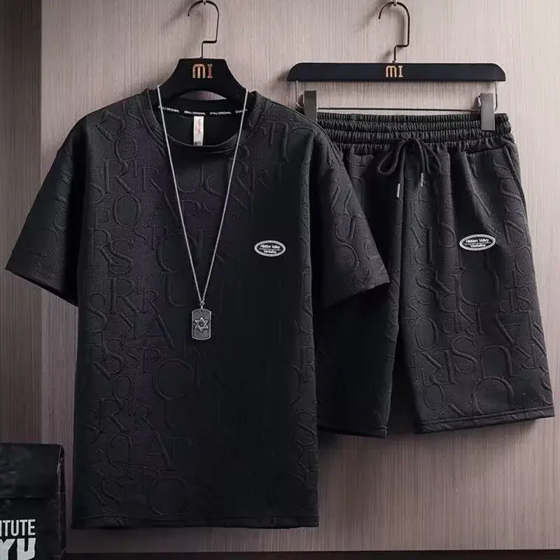 Trendy Summer Suit For Men Casual Short Sleeve T-Shirt Solid Color Versatile Style Korean Brand INS Five Minute Pants