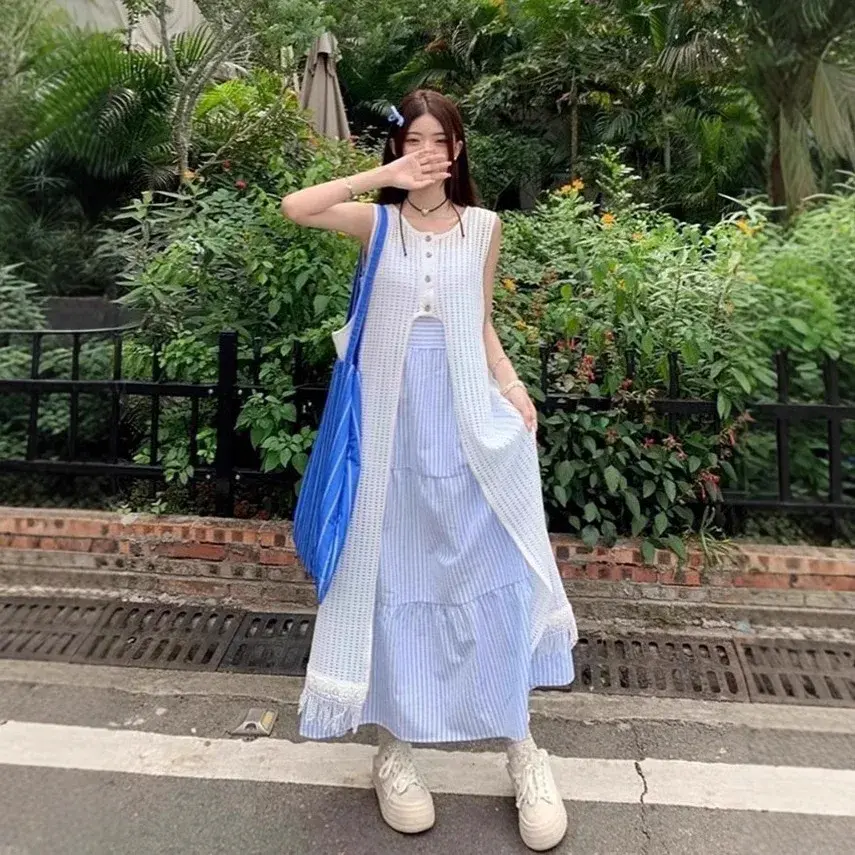 Blue Sleeveless Halter Dress Women's Summer 2025 New French Style Beach Vacation Long Skirt Set Elegant Casual Holiday Outfit