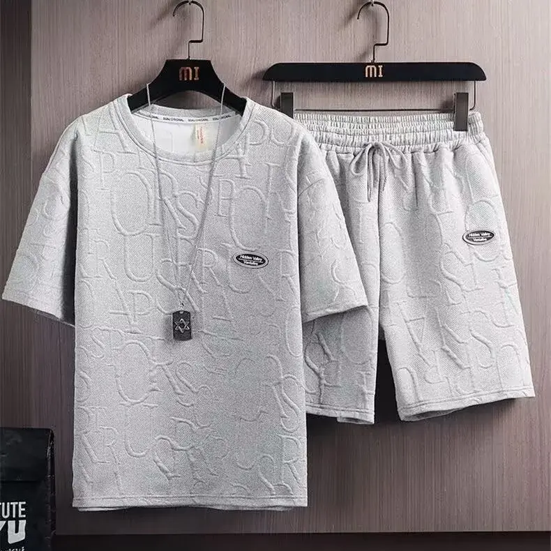 Trendy Summer Suit For Men Casual Short Sleeve T-Shirt Solid Color Versatile Style Korean Brand INS Five Minute Pants