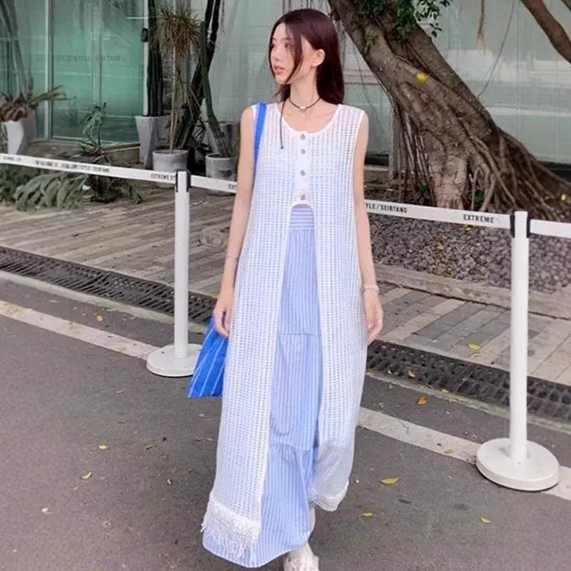 Blue Sleeveless Halter Dress Women's Summer 2025 New French Style Beach Vacation Long Skirt Set Elegant Casual Holiday Outfit