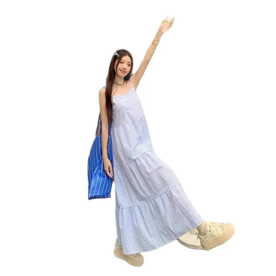 Blue Sleeveless Halter Dress Women's Summer 2025 New French Style Beach Vacation Long Skirt Set Elegant Casual Holiday Outfit