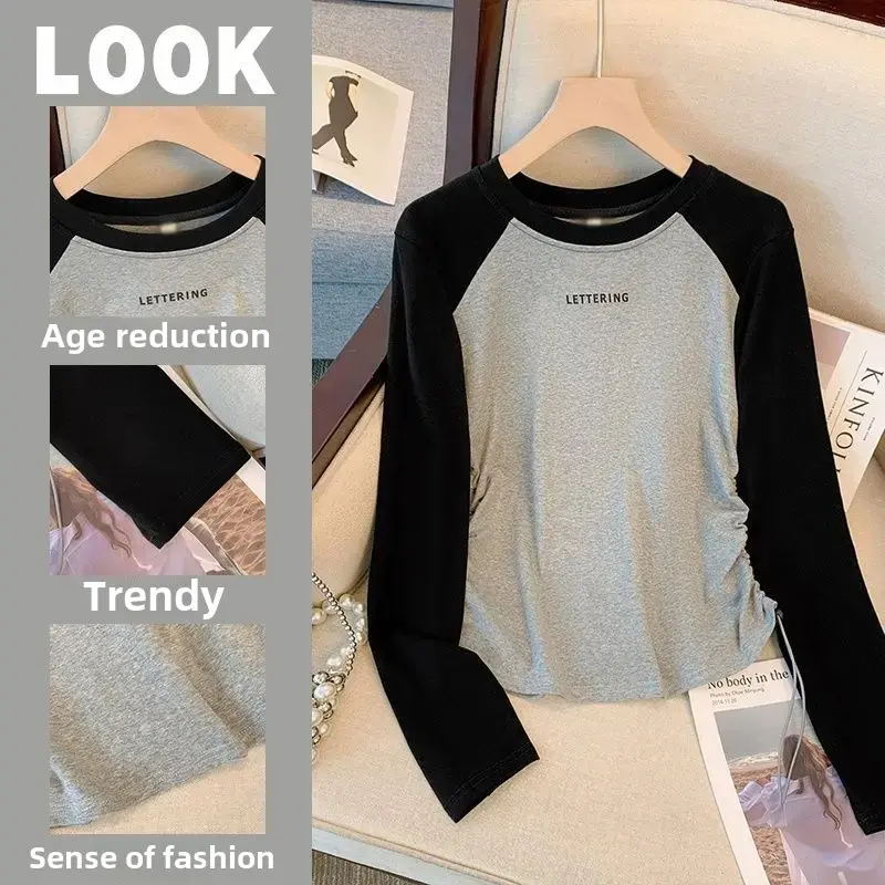 Stylish Design Sensibility Color Block Letter Print Long Sleeve T-Shirt For Women Trendy Base Layer Top Autumn 2024 New Arrival