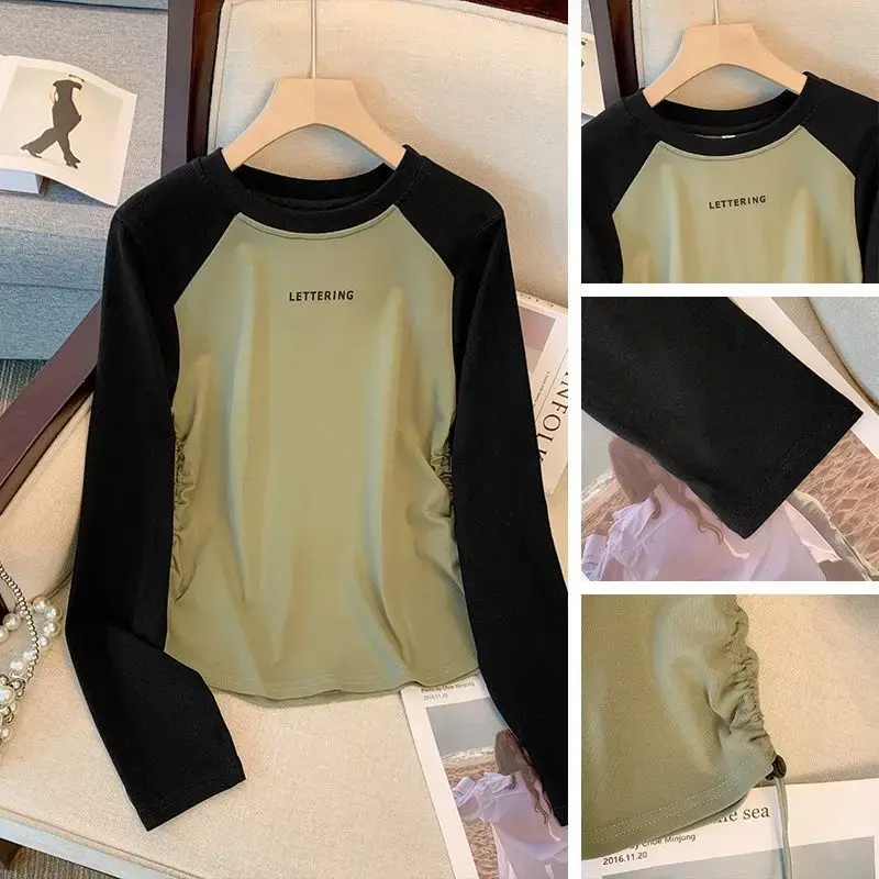 Stylish Design Sensibility Color Block Letter Print Long Sleeve T-Shirt For Women Trendy Base Layer Top Autumn 2024 New Arrival