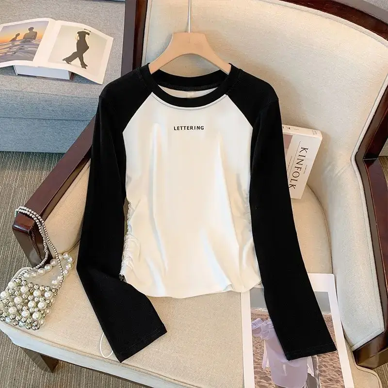 Stylish Design Sensibility Color Block Letter Print Long Sleeve T-Shirt For Women Trendy Base Layer Top Autumn 2024 New Arrival