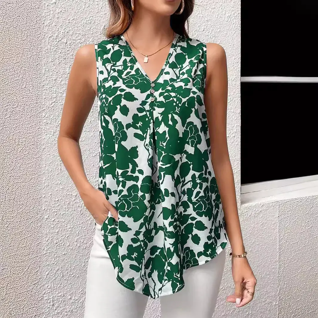 Fashionable Sleeveless V-Neck Women's Shirt Short Sleeve Summer Clothing Casual Cotton Blend Top Stylish Home Wear