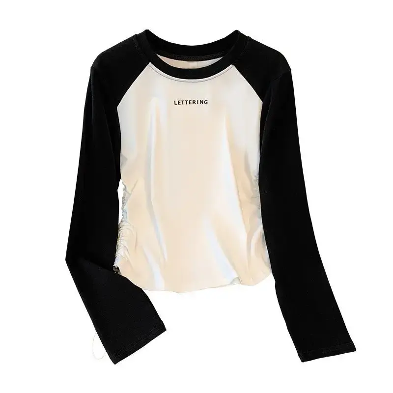 Stylish Design Sensibility Color Block Letter Print Long Sleeve T-Shirt For Women Trendy Base Layer Top Autumn 2024 New Arrival