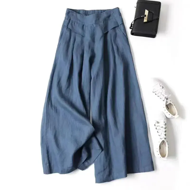 New Arrival Loose Fit Thin Cotton Linen Wide Leg Pants Nine Points Trousers Breathable Summer Fashion Women's Long Trousers