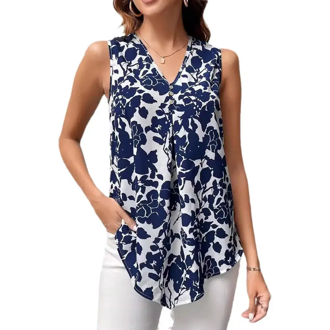 Fashionable Sleeveless V-Neck Women's Shirt Short Sleeve Summer Clothing Casual Cotton Blend Top Stylish Home Wear