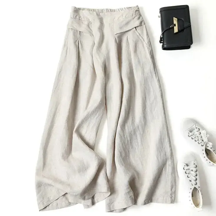 New Arrival Loose Fit Thin Cotton Linen Wide Leg Pants Nine Points Trousers Breathable Summer Fashion Women's Long Trousers