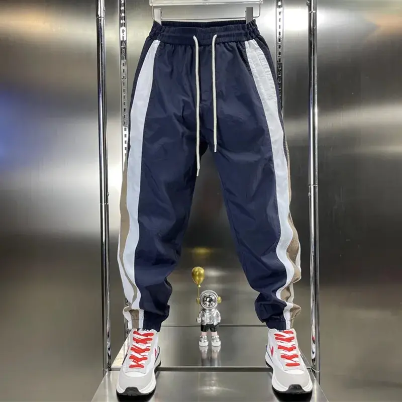 2024 Men's Summer Thin Section Spliced Casual Pants Elastic Waist Small Feet Pants Trendy New Harem Pants