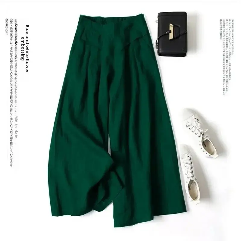 New Arrival Loose Fit Thin Cotton Linen Wide Leg Pants Nine Points Trousers Breathable Summer Fashion Women's Long Trousers