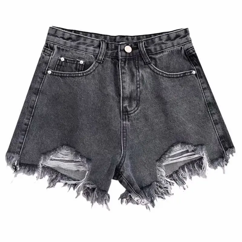 High Waist Denim Shorts for Women Summer Fashion Hole Ripped Versatile Black Grey Cotton Hot Pants Female Clothing Shorts