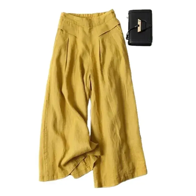 New Arrival Loose Fit Thin Cotton Linen Wide Leg Pants Nine Points Trousers Breathable Summer Fashion Women's Long Trousers