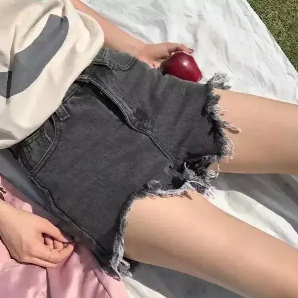 High Waist Denim Shorts for Women Summer Fashion Hole Ripped Versatile Black Grey Cotton Hot Pants Female Clothing Shorts