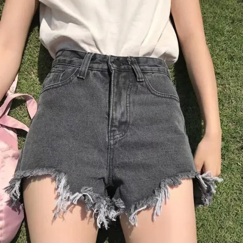 High Waist Denim Shorts for Women Summer Fashion Hole Ripped Versatile Black Grey Cotton Hot Pants Female Clothing Shorts