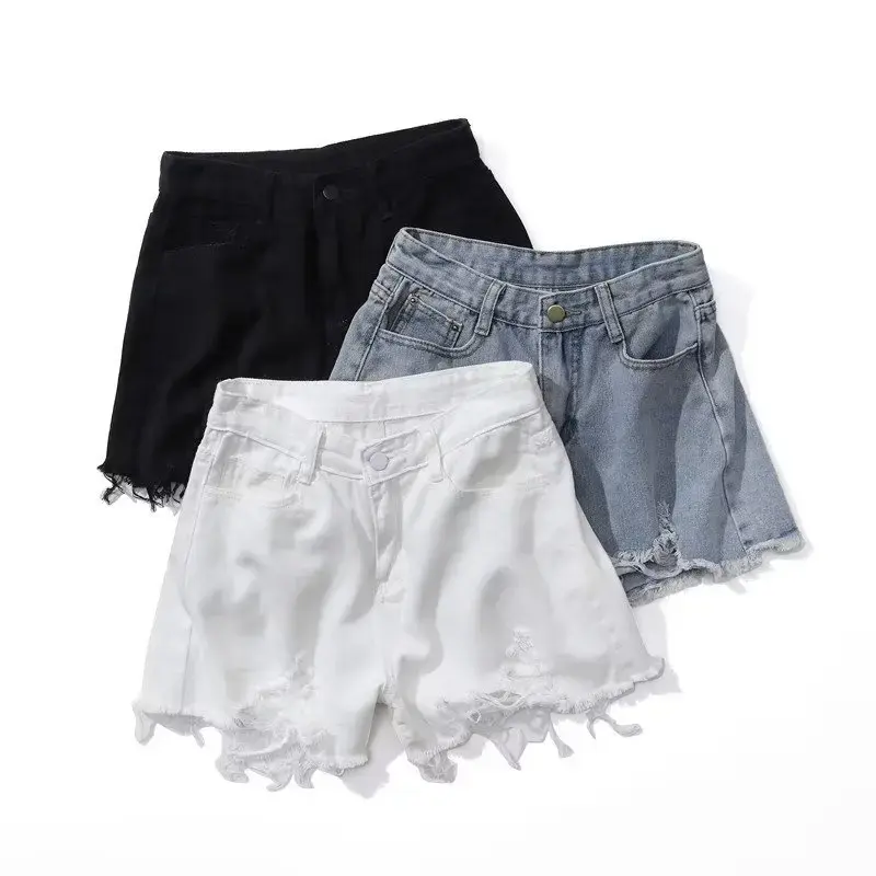 High Waist Denim Shorts for Women Summer Fashion Hole Ripped Versatile Black Grey Cotton Hot Pants Female Clothing Shorts