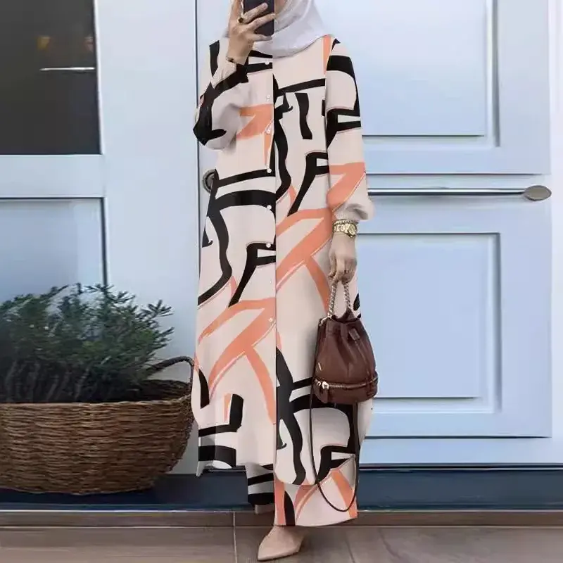 Fashionable Muslim Women's Floral Print Two-Piece Set Long Shirt Wide Leg Pants Spring Autumn Vintage Clothing Ensemble