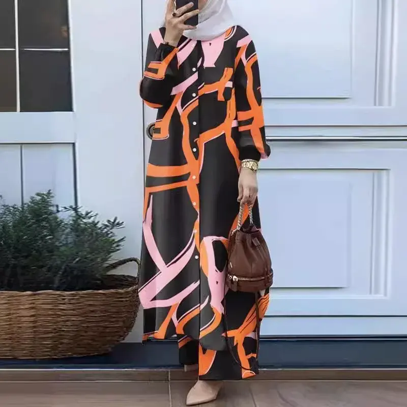 Fashionable Muslim Women's Floral Print Two-Piece Set Long Shirt Wide Leg Pants Spring Autumn Vintage Clothing Ensemble