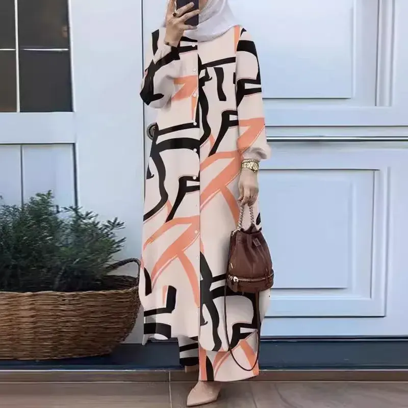 Fashionable Muslim Women's Floral Print Two-Piece Set Long Shirt Wide Leg Pants Spring Autumn Vintage Clothing Ensemble
