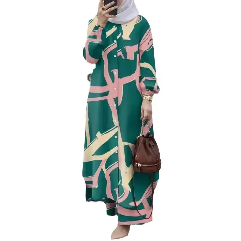 Fashionable Muslim Women's Floral Print Two-Piece Set Long Shirt Wide Leg Pants Spring Autumn Vintage Clothing Ensemble