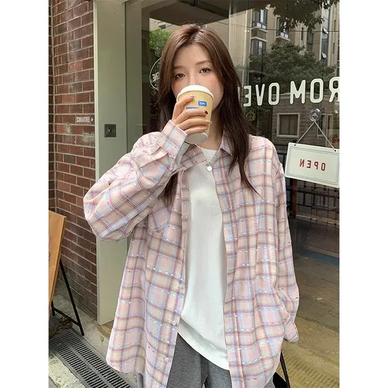 Sweet Pink Plaid Long Sleeve Loose Casual Women's Shirt Spring Summer Polo Collar Sun Protection Outerwear Fashionable Princess