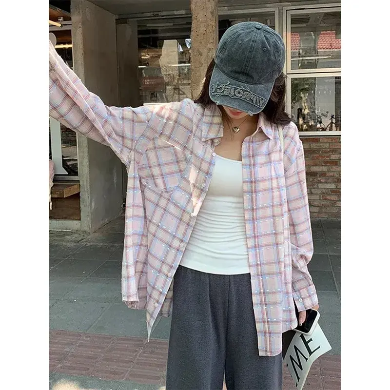 Sweet Pink Plaid Long Sleeve Loose Casual Women's Shirt Spring Summer Polo Collar Sun Protection Outerwear Fashionable Princess
