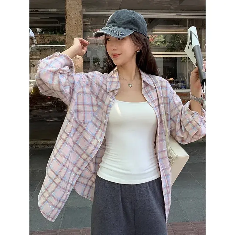 Sweet Pink Plaid Long Sleeve Loose Casual Women's Shirt Spring Summer Polo Collar Sun Protection Outerwear Fashionable Princess