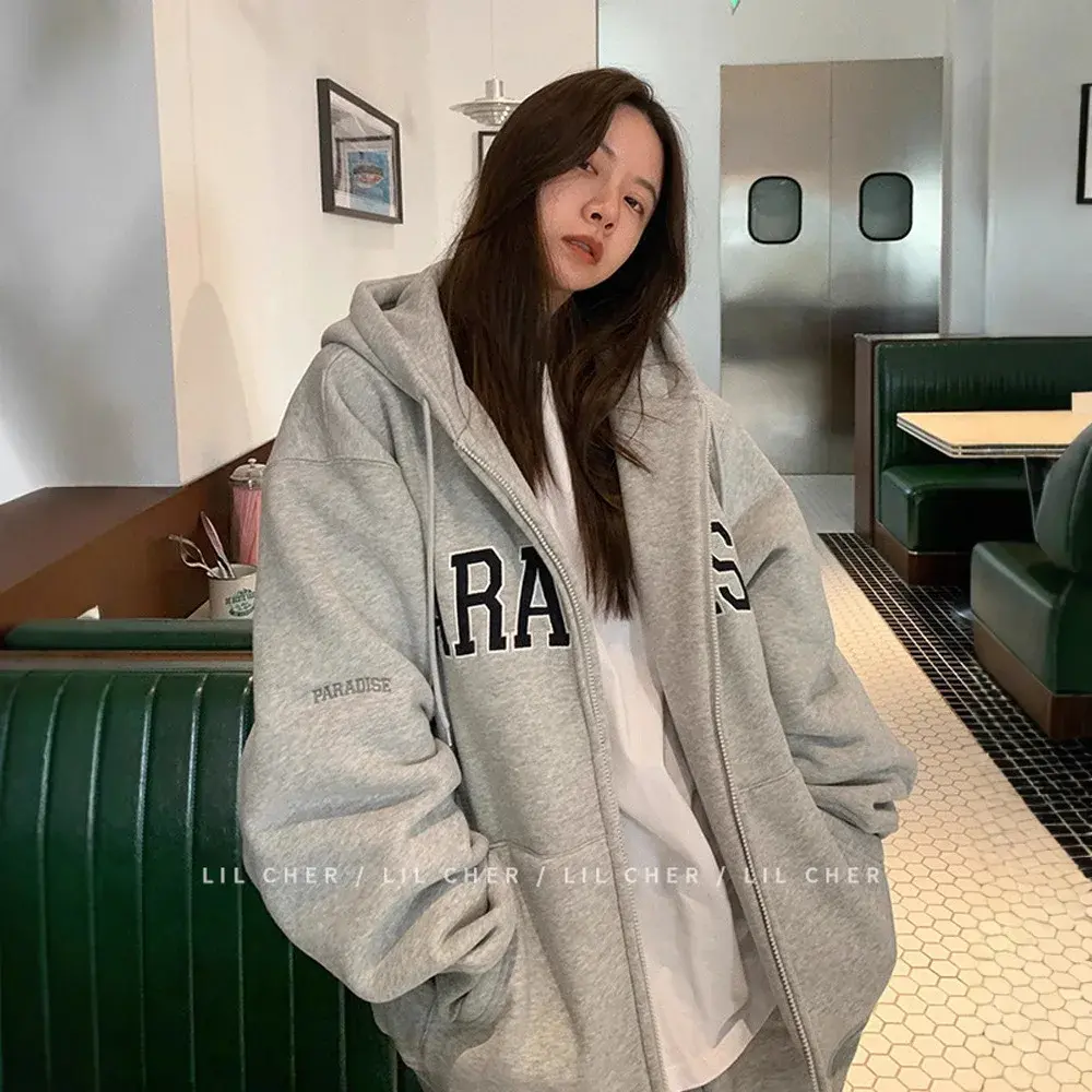 American Oversize Hooded Open Cardigan Zipper Sweatshirt Women's Spring Autumn Loose Retro Couple Trendy Brand Zipper Jacket