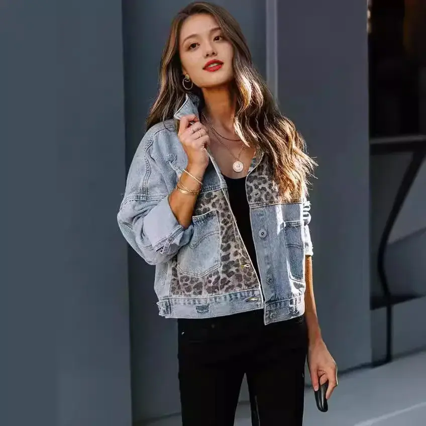Cross-Border Amazon Denim Jacket Women's Long Sleeve Standalone European and American Style Denim Coat Women's Leopard Printed