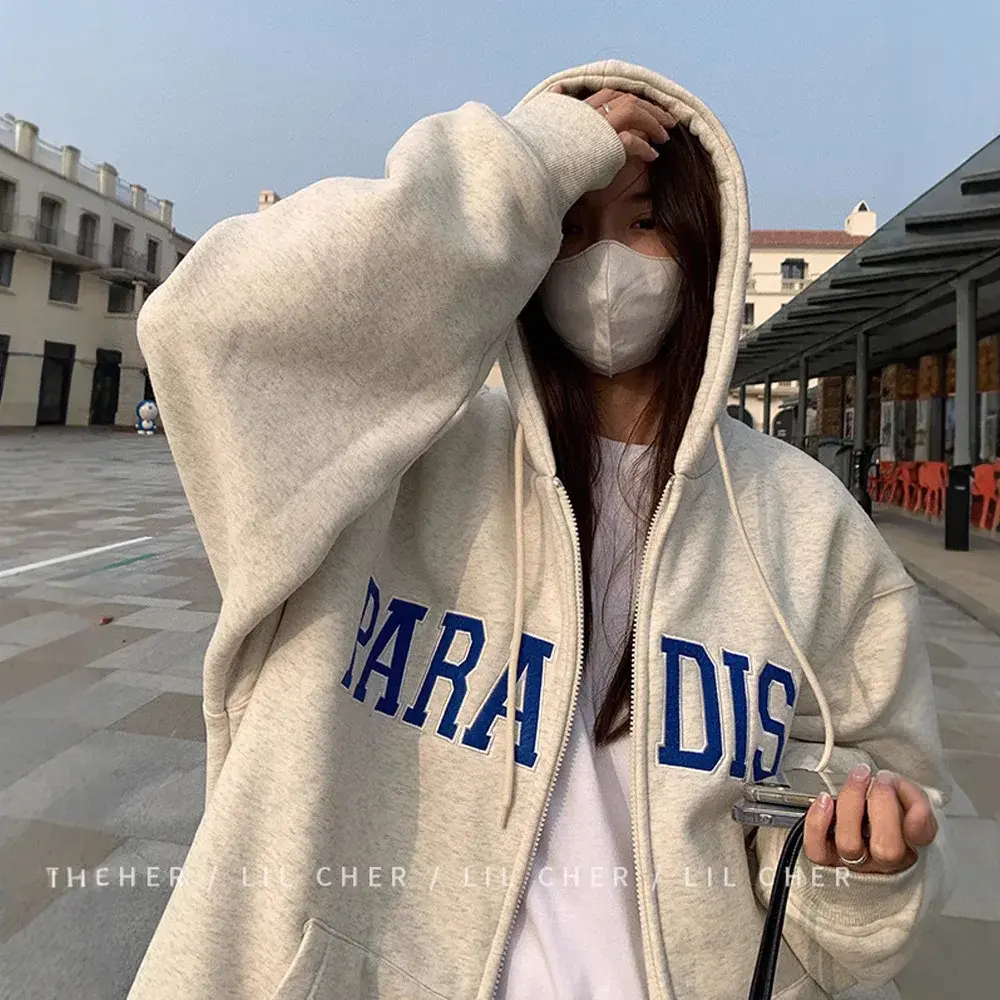 American Oversize Hooded Open Cardigan Zipper Sweatshirt Women's Spring Autumn Loose Retro Couple Trendy Brand Zipper Jacket