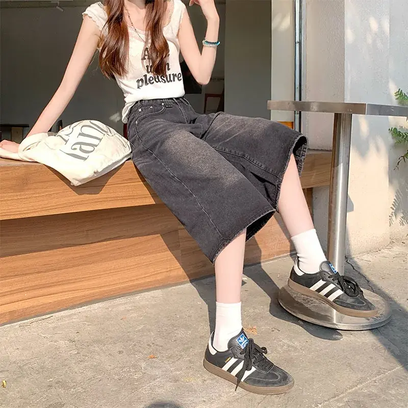 Plus Size American Retro Denim Shorts Women Summer Straight Wide Leg Loose Casual Small Size Pants High Waist Jeans
