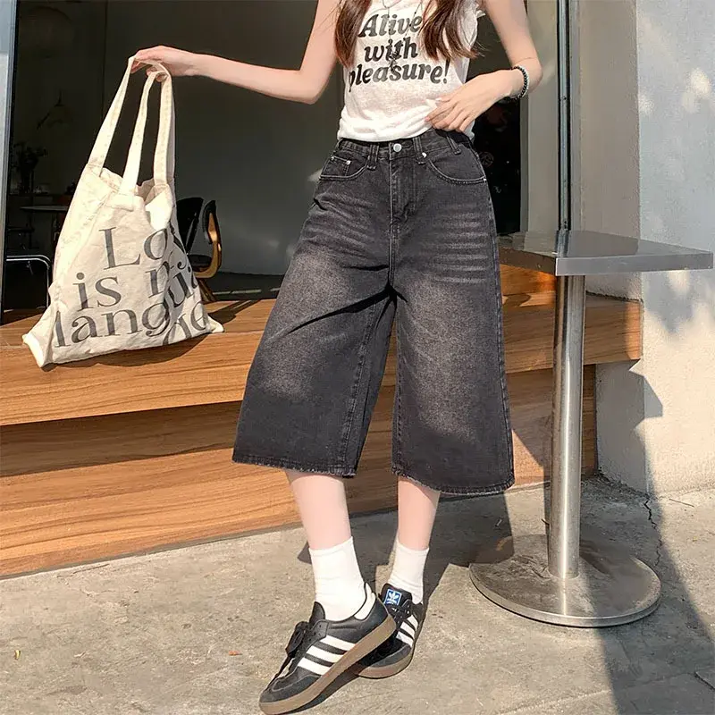 Plus Size American Retro Denim Shorts Women Summer Straight Wide Leg Loose Casual Small Size Pants High Waist Jeans