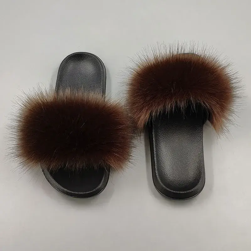 Women Summer Casual Fluffy Slippers With Fur Flat Non-Slip Real Fox Fur Furry Slides Large Size Shoes Fur Sandals