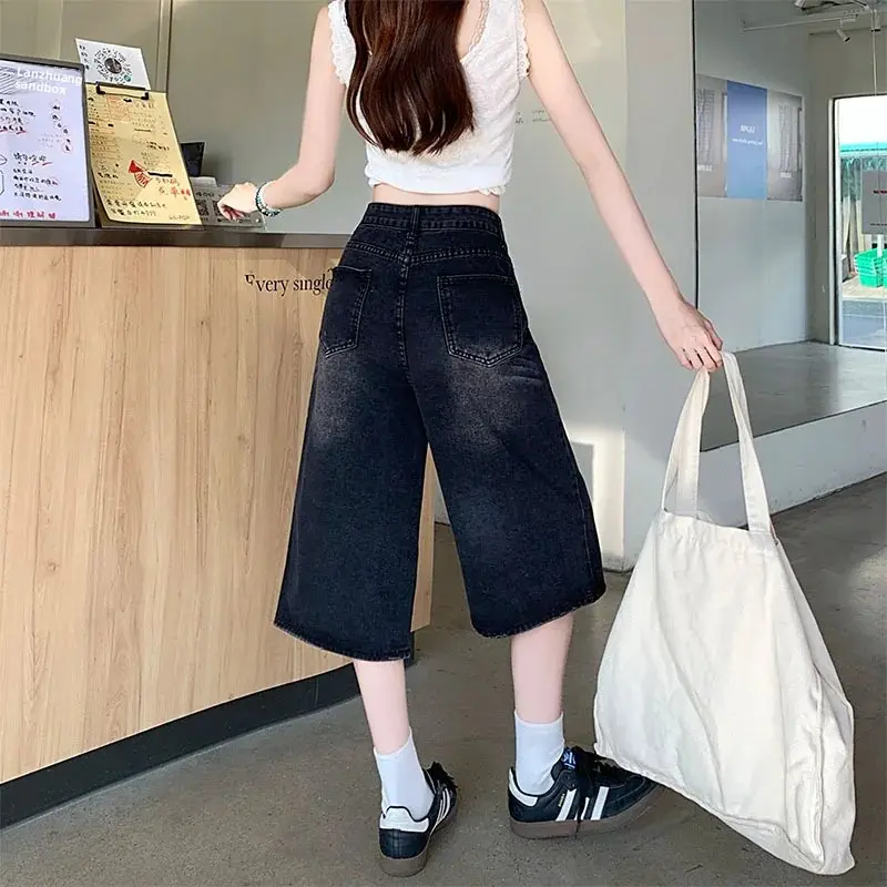 Plus Size American Retro Denim Shorts Women Summer Straight Wide Leg Loose Casual Small Size Pants High Waist Jeans
