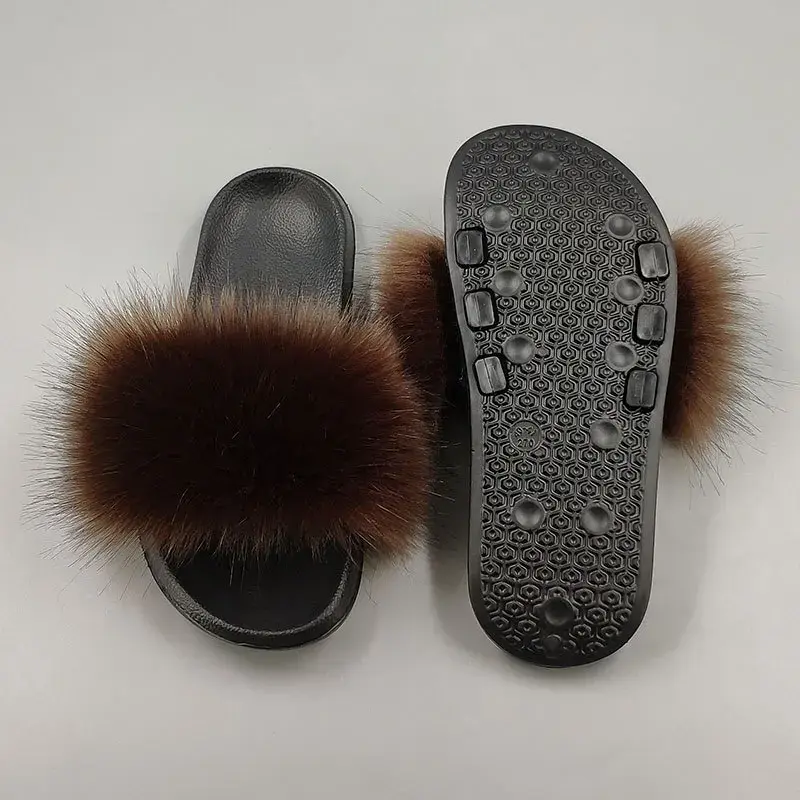 Women Summer Casual Fluffy Slippers With Fur Flat Non-Slip Real Fox Fur Furry Slides Large Size Shoes Fur Sandals