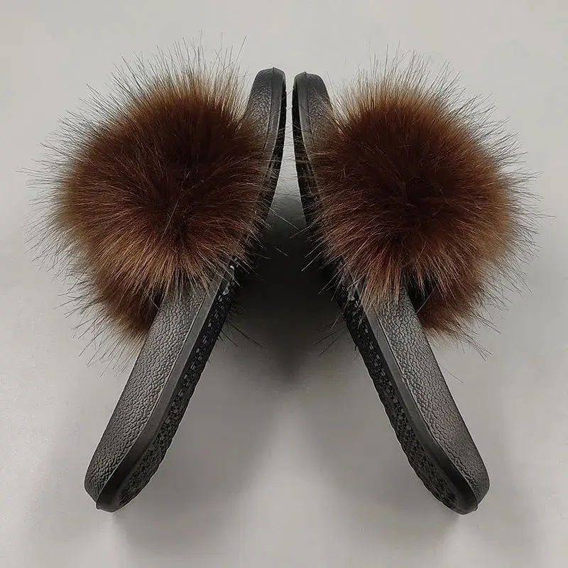 Women Summer Casual Fluffy Slippers With Fur Flat Non-Slip Real Fox Fur Furry Slides Large Size Shoes Fur Sandals