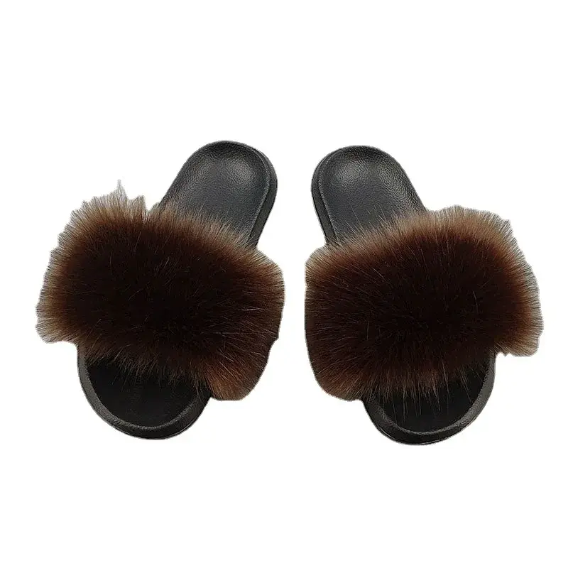 Women Summer Casual Fluffy Slippers With Fur Flat Non-Slip Real Fox Fur Furry Slides Large Size Shoes Fur Sandals