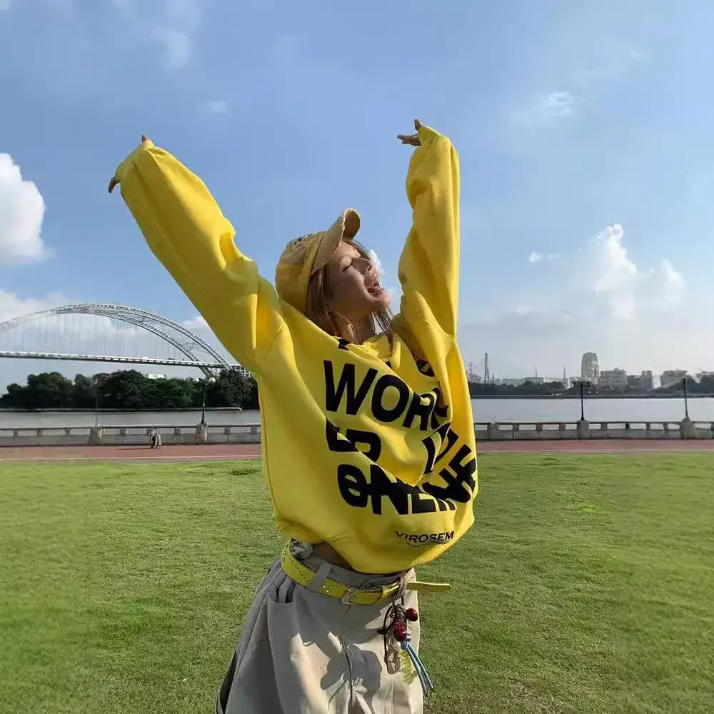 Yellow Loose Letter Print Hoodie Sweatshirt for Women Autumn New Style American Retro Streetwear Loose Fit Casual Top