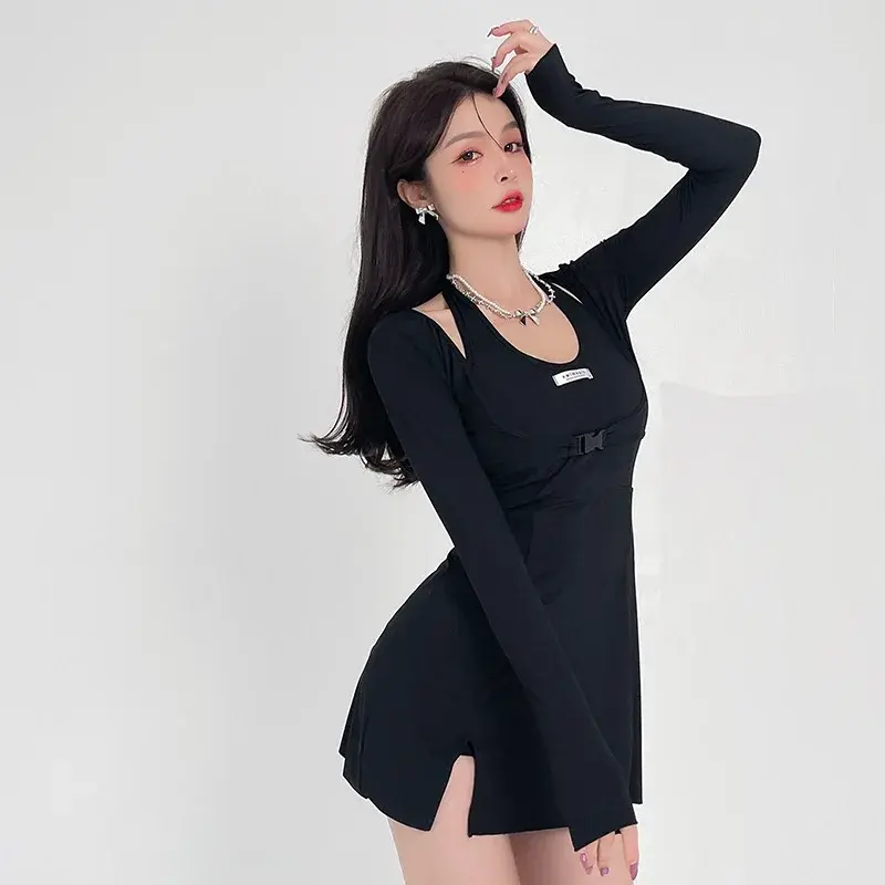 Sexy Backless Slimming Long Sleeve Swimsuit Top Cover up Women's Two Piece Bikini Set Flat Cut Pants Skirt Three Piece Set