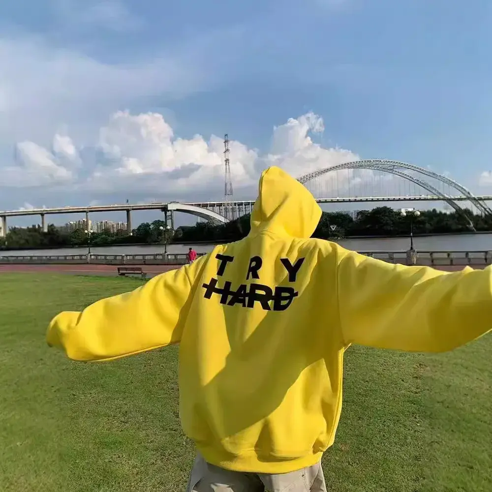 Yellow Loose Letter Print Hoodie Sweatshirt for Women Autumn New Style American Retro Streetwear Loose Fit Casual Top