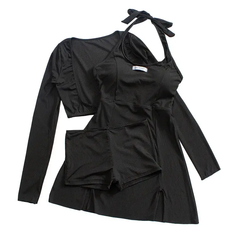 Sexy Backless Slimming Long Sleeve Swimsuit Top Cover up Women's Two Piece Bikini Set Flat Cut Pants Skirt Three Piece Set