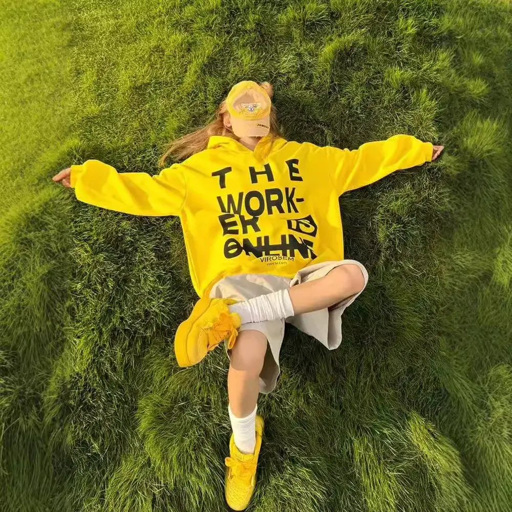 Yellow Loose Letter Print Hoodie Sweatshirt for Women Autumn New Style American Retro Streetwear Loose Fit Casual Top