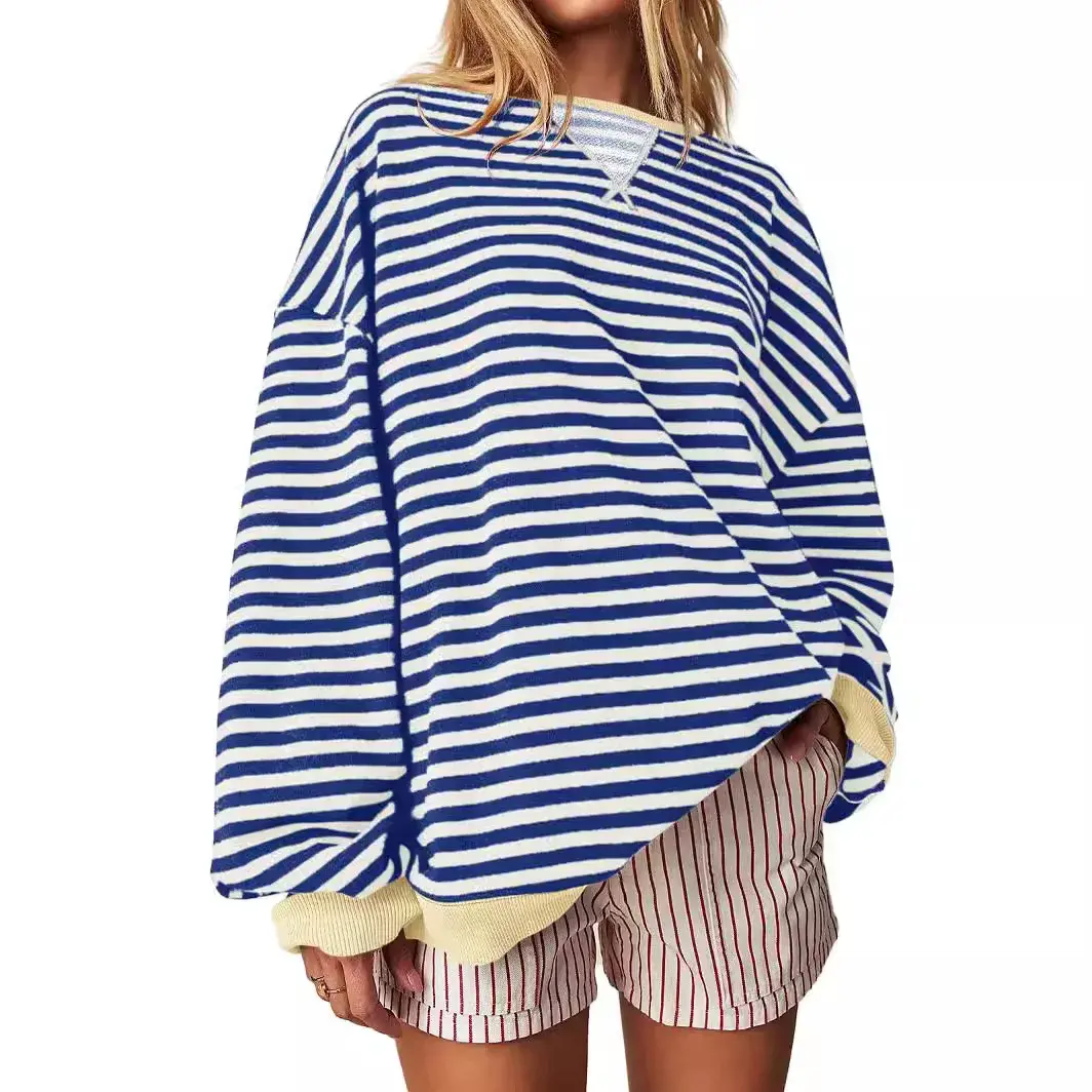 Casual Embroidered Striped Splicing Long Sleeve Crew Neck Pullover Hoodie Women's Clothing Comfortable Breathable Streetwear
